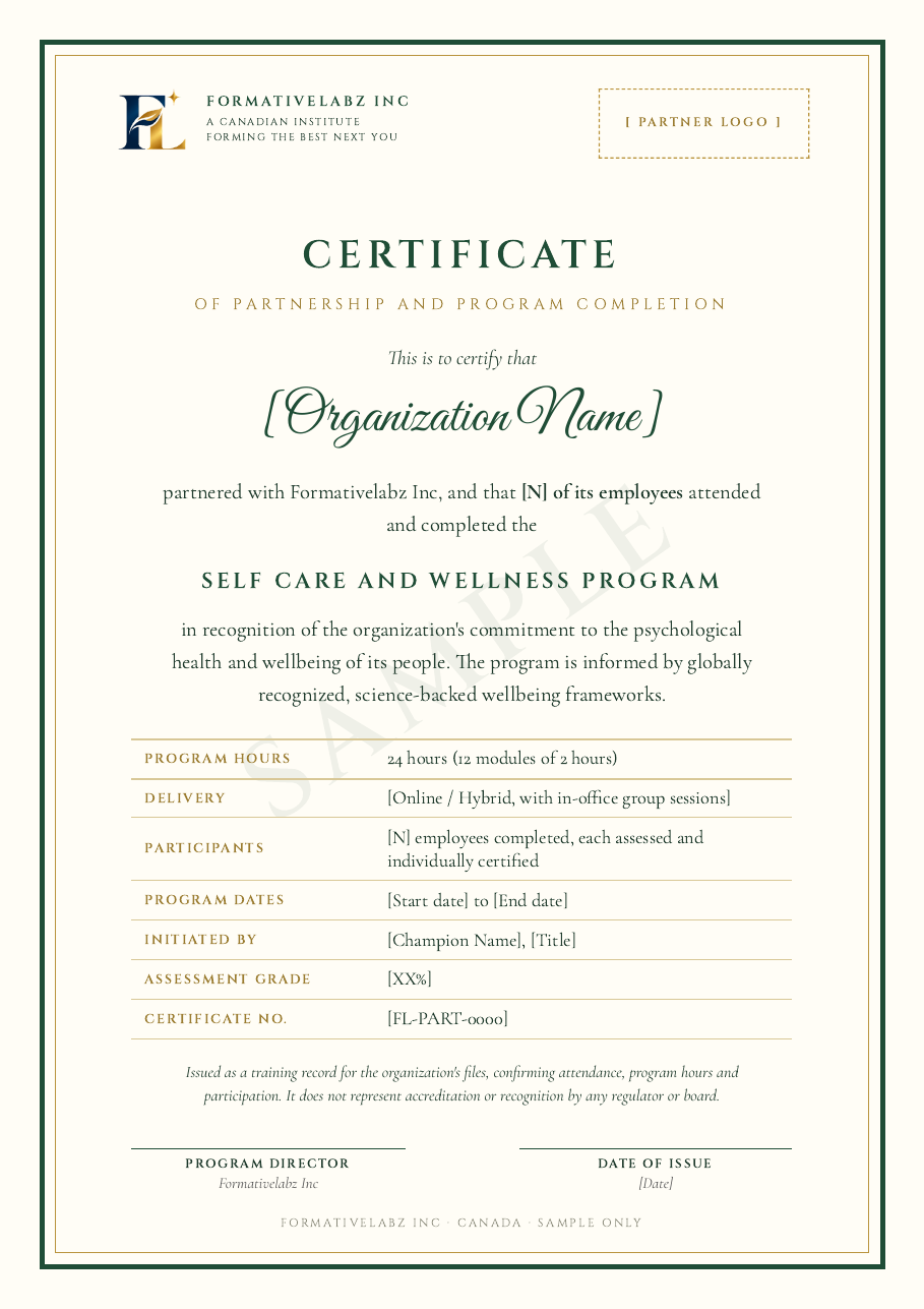 Sample A4 portrait partnership and program completion certificate for organizations, with a visible SAMPLE watermark and blank organization fields.